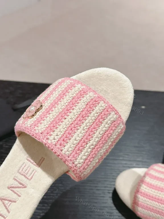 View 2 of Pink Knit Slides with Chanel-Inspired Detail â€“ Effortless Comfort
