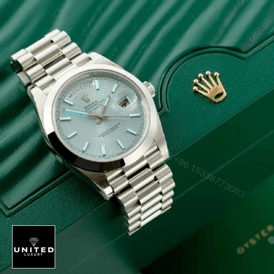 View 6 of Rolex Day Date Ice Blue Baguette Dial Platinum Presidential 228206 Replica