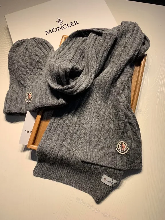 View 2 of Grey Wool-Blend Moncler Knit Beanie & Scarf Set