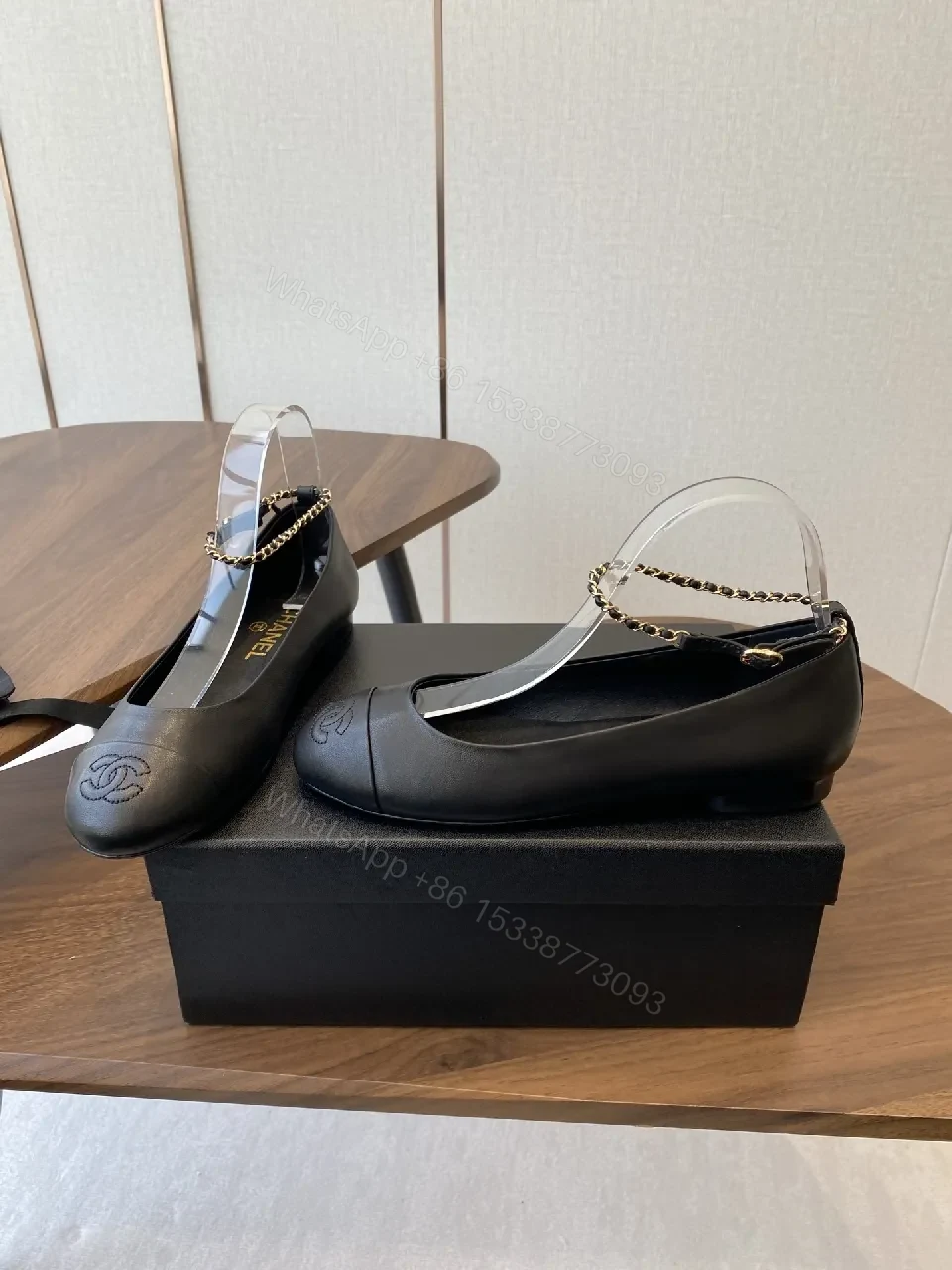 View 5 of Black Leather Slingback Heels with Gold Chain Accent