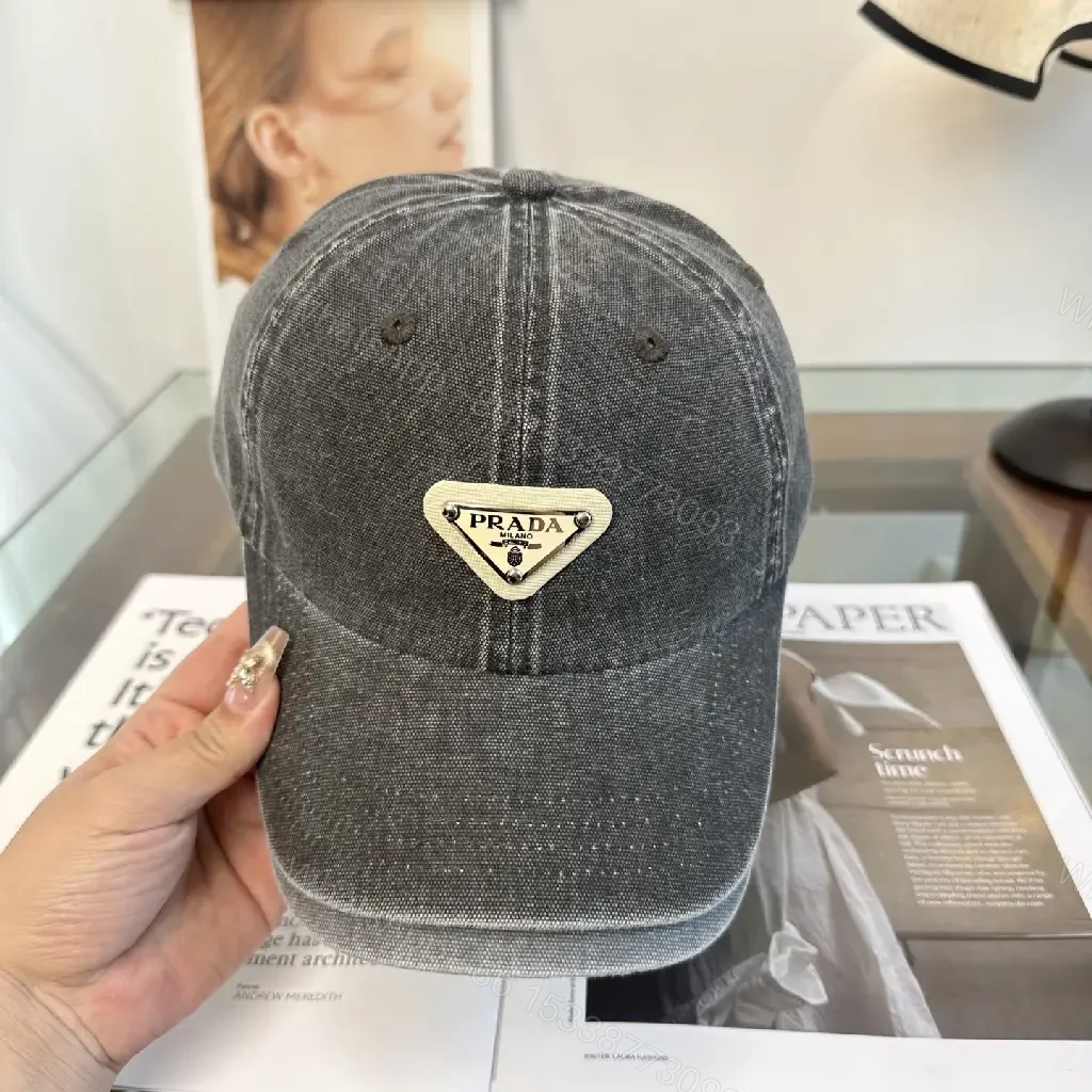 View 7 of Washed Dark Gray Denim Cap, Curved Brim, Distressed Texture, Prada Patch