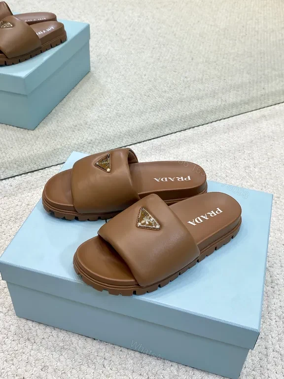 View 2 of Brown Leather Prada-Trim Slide Sandals with Modern Edge