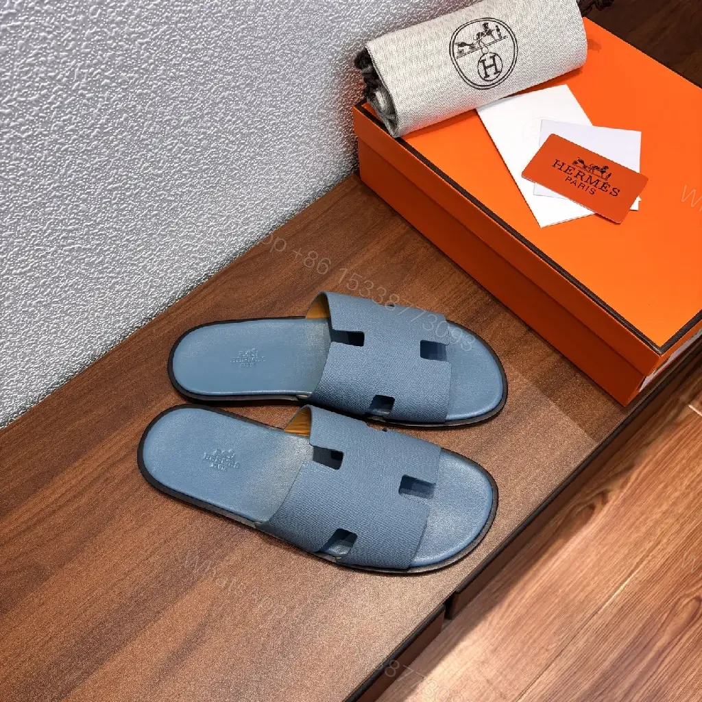 View 5 of Blue Leather Slipper Sandals, Modern Hermes-Style, Matte Finish Slide