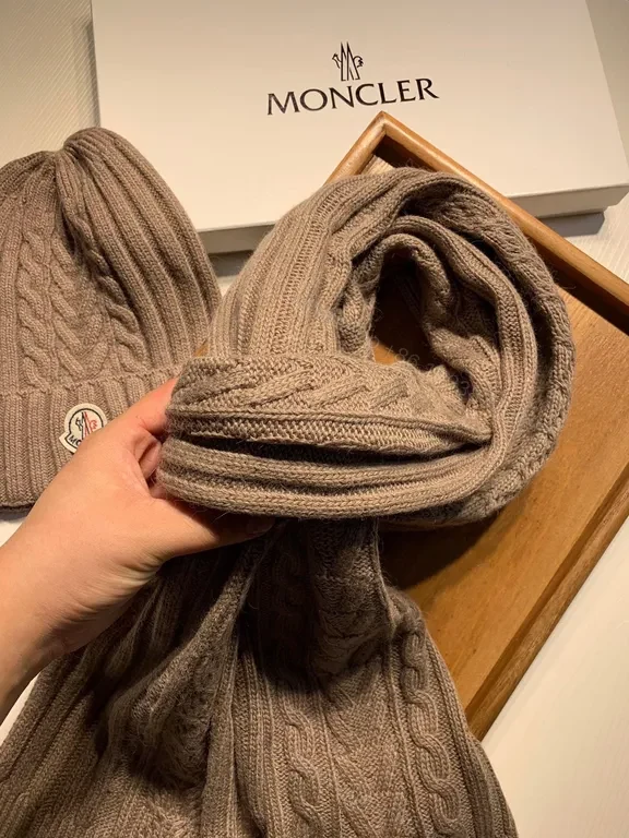 View 9 of Taupe Wool-Blend Moncler Knit Set: Beanie & Scarf, Luxury Winter