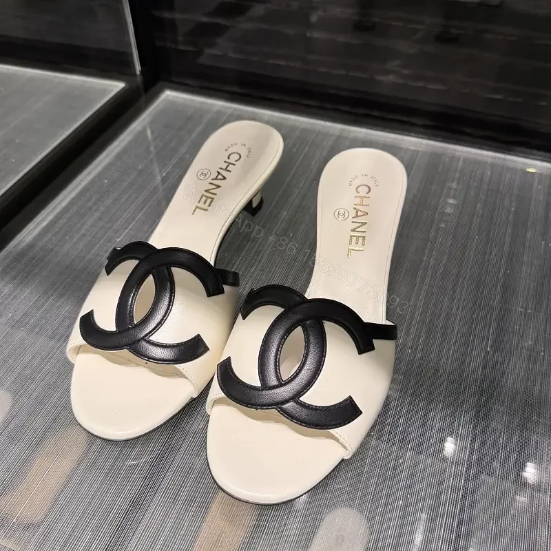 Beige Leather Slides Black Logo Chanel Style Sandals — view 1