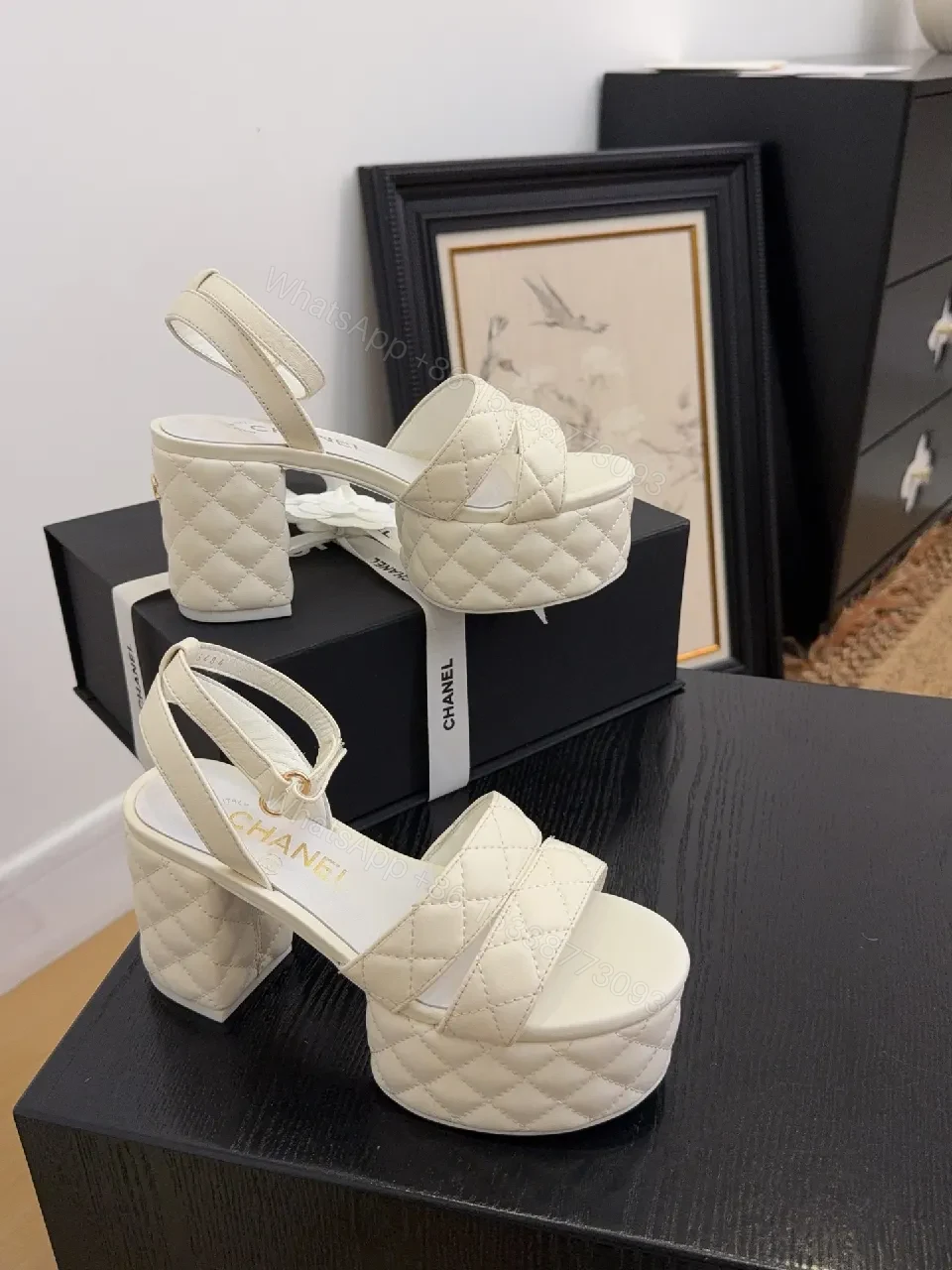 View 2 of Quilted Platform Sandals – Ivory, Gold Hardware, Comfortable Elevation