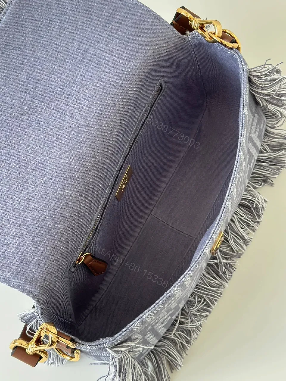 View 4 of Textured Gray Jacquard Fringe Bag - Modern Luxury Tote