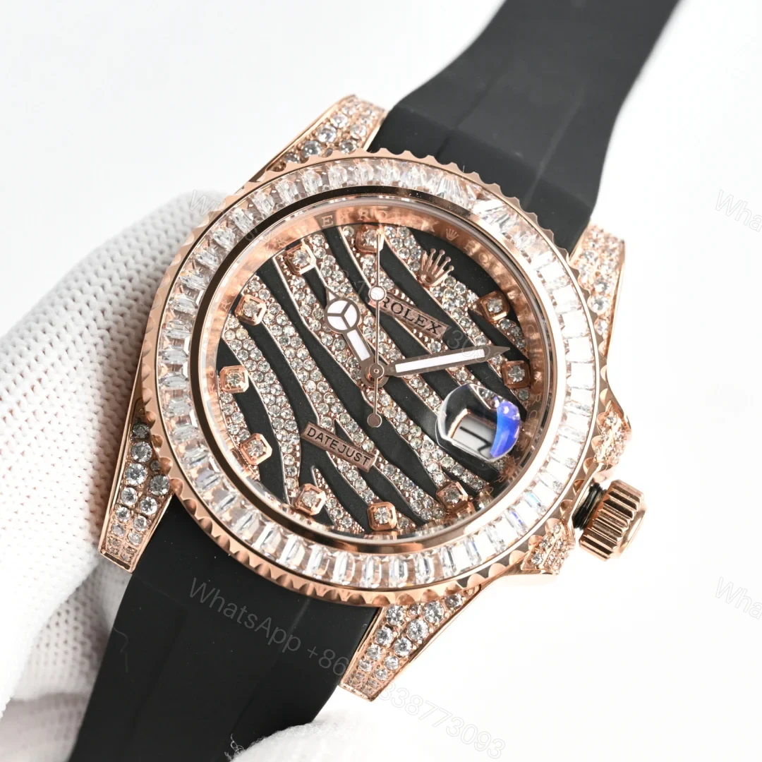 View 8 of Rolex Datejust Zebra Replica 40MM Premium Rose Gold Iced Rubber Strap Edition RG-ROLEX-DJ-ZEBRA-RG-ICED-RUB-40