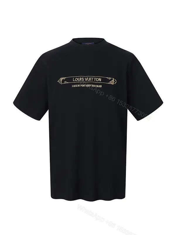 Black Cotton Graphic Tee with Gold Logo Bar — view 1