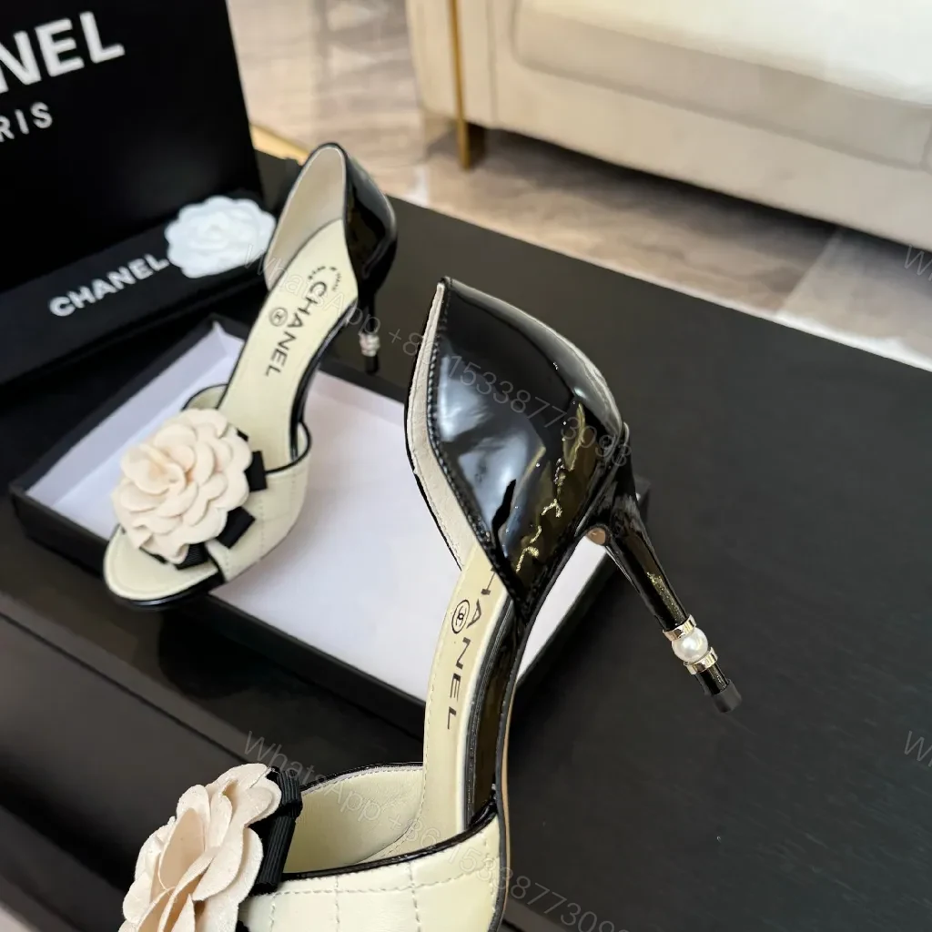 View 9 of Cream Quilted Leather Heels with Flower Accent, Open-Toe, Kitten Heel