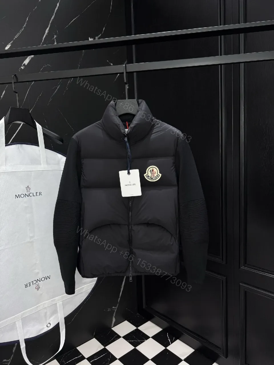Black Nylon Puffer Jacket with Ribbed Sleeves, Modern Luxe Outerwear — view 1