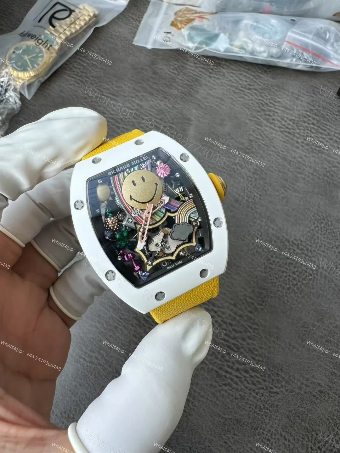 View 3 of Super Clone Richard Mille RM 88 Smiley White Ceramic Yellow Strap 1:1 Replica Watch