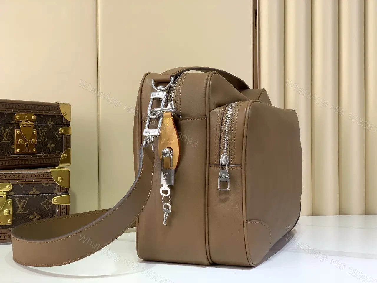 View 3 of Brown Leather Minimalist Messenger Bag with Subtle Stitching Details