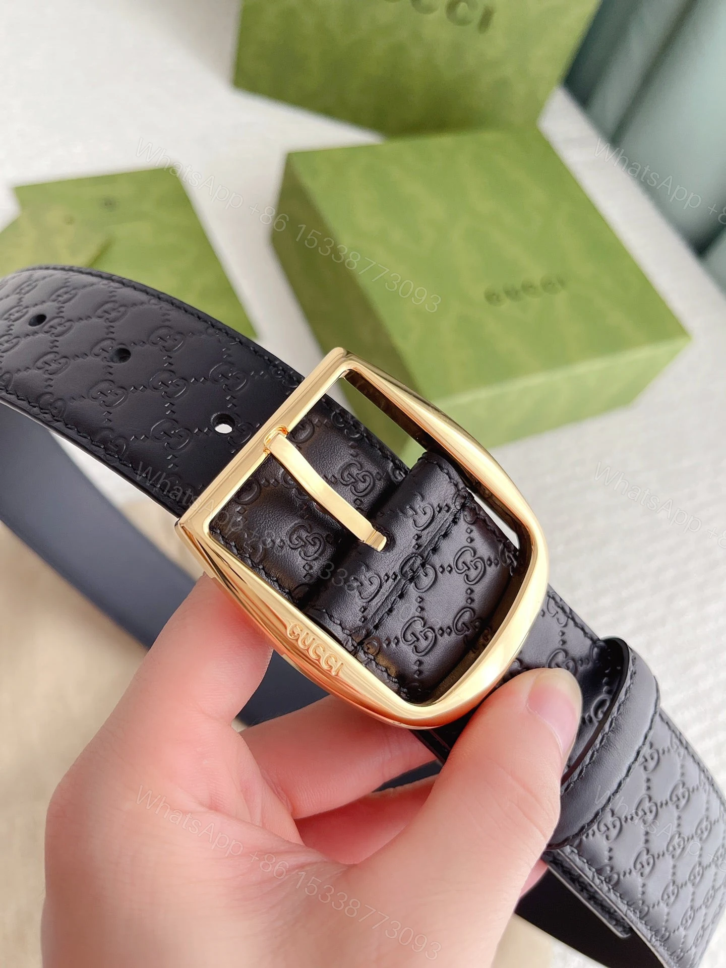 View 3 of GUCCI CALFSKIN MONOGRAM BLACK BELT GOLD METAL 4CM