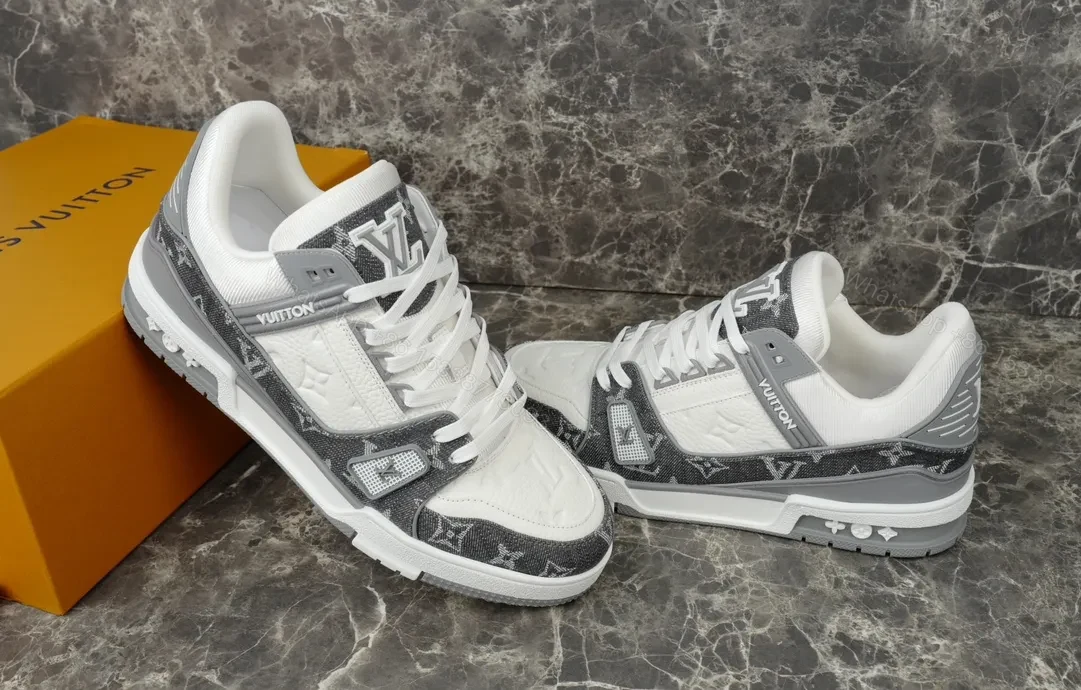 View 5 of White Leather Gray LV-Style Modern Sneaker with All-Day Comfort