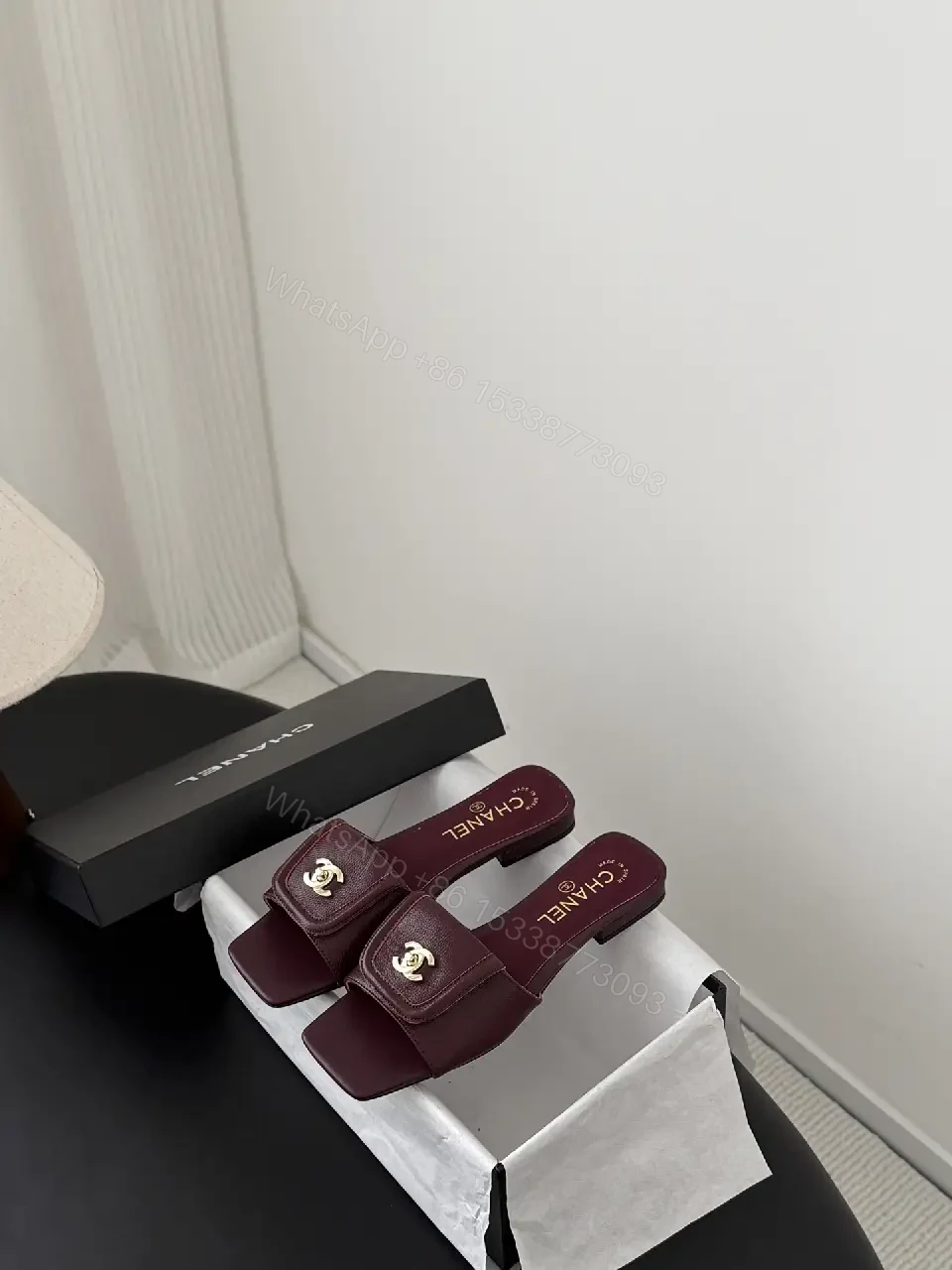 View 4 of Burgundy Leather Slides – Gold Logo Hardware, Premium Comfort