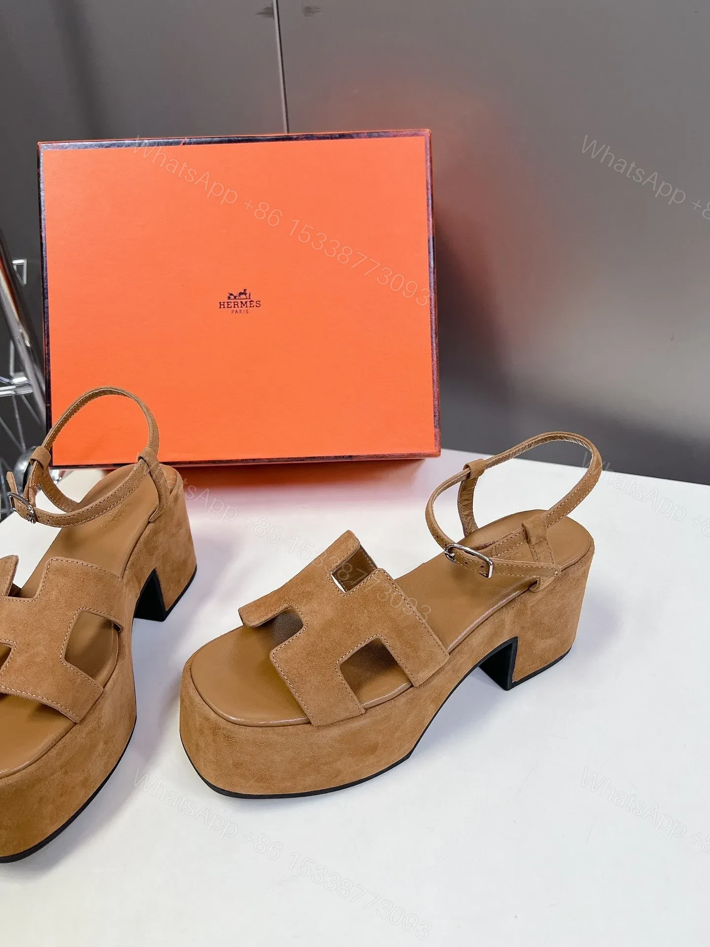 View 4 of Hermes Women Tan Suede Platform Sandals