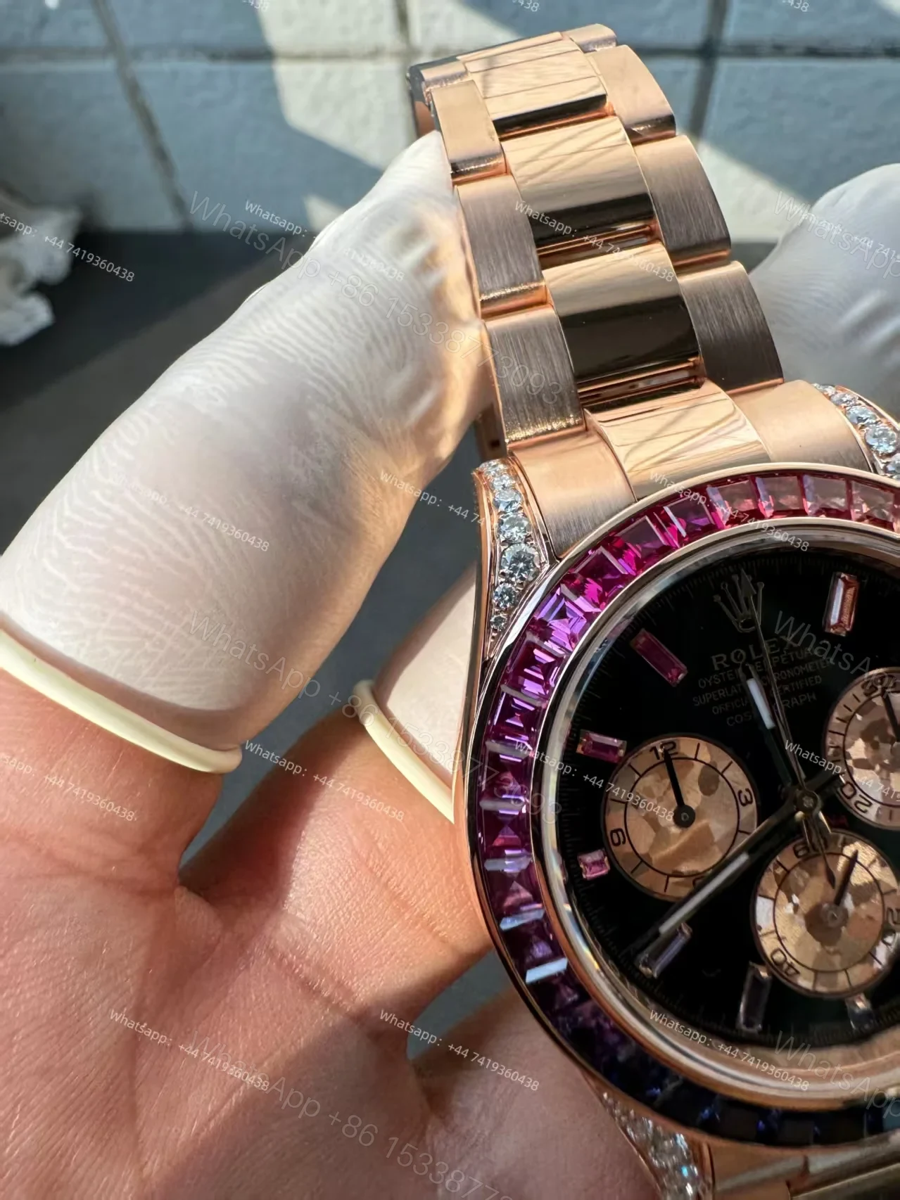 View 8 of Rolex Super Clone Rainbow Daytona 1:1 Replica Watch – 18K Rose Gold