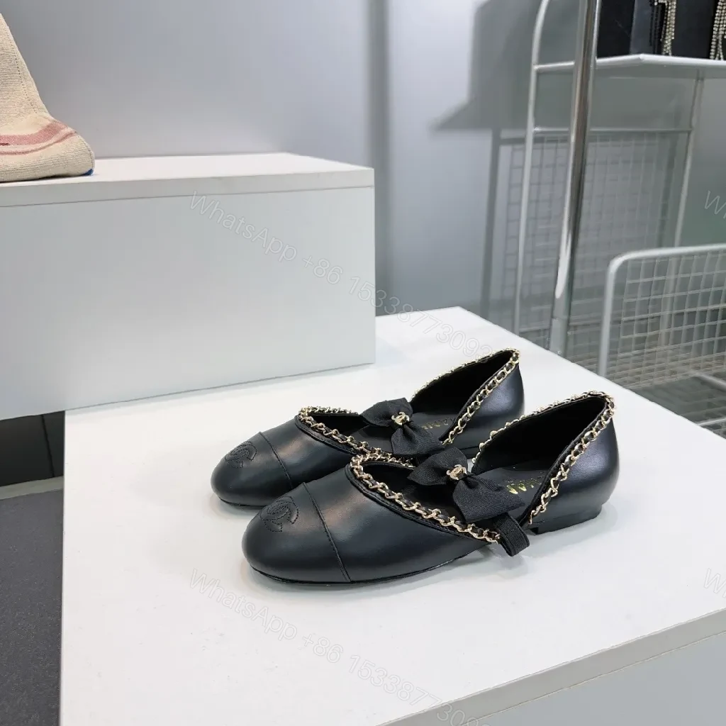 View 4 of Chic Leather Ballet Flats with Chain Trim and Bow
