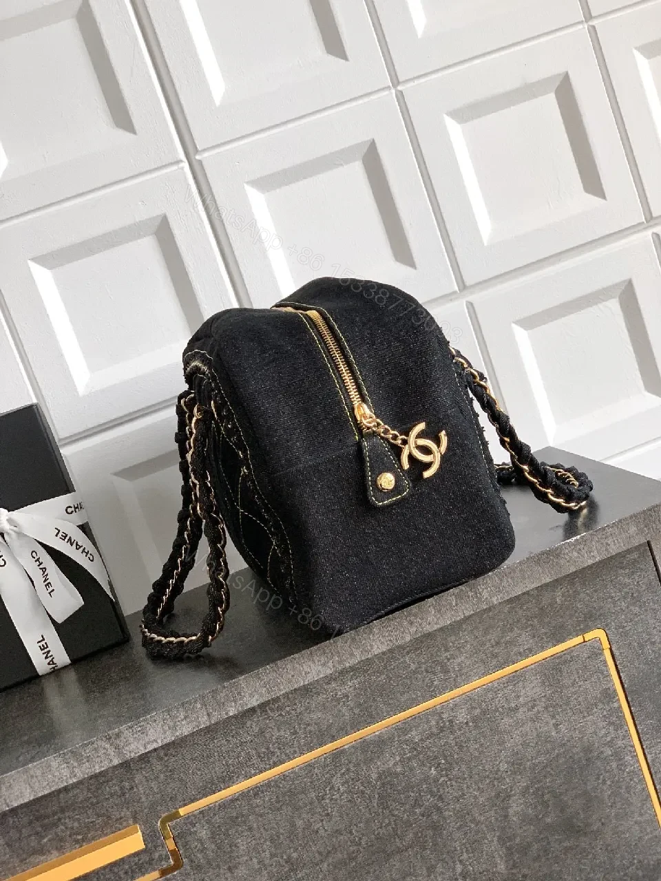 View 5 of Black Velvet Compact Handbag with Gold Stitching