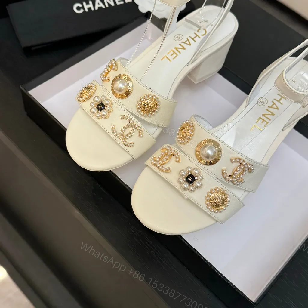 View 4 of Ivory Leather Block-Heel Sandals with Gold Embellishment