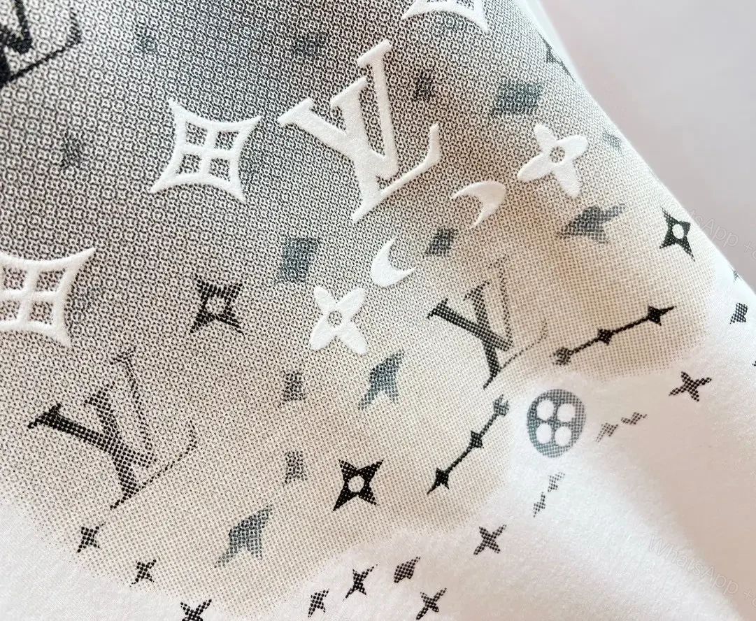 View 10 of White Cotton T-Shirt Circular LV Logo Graphic Diamonds Stars, Modern Style, Crew Neck, Short Sleeve, Black Neck Tag