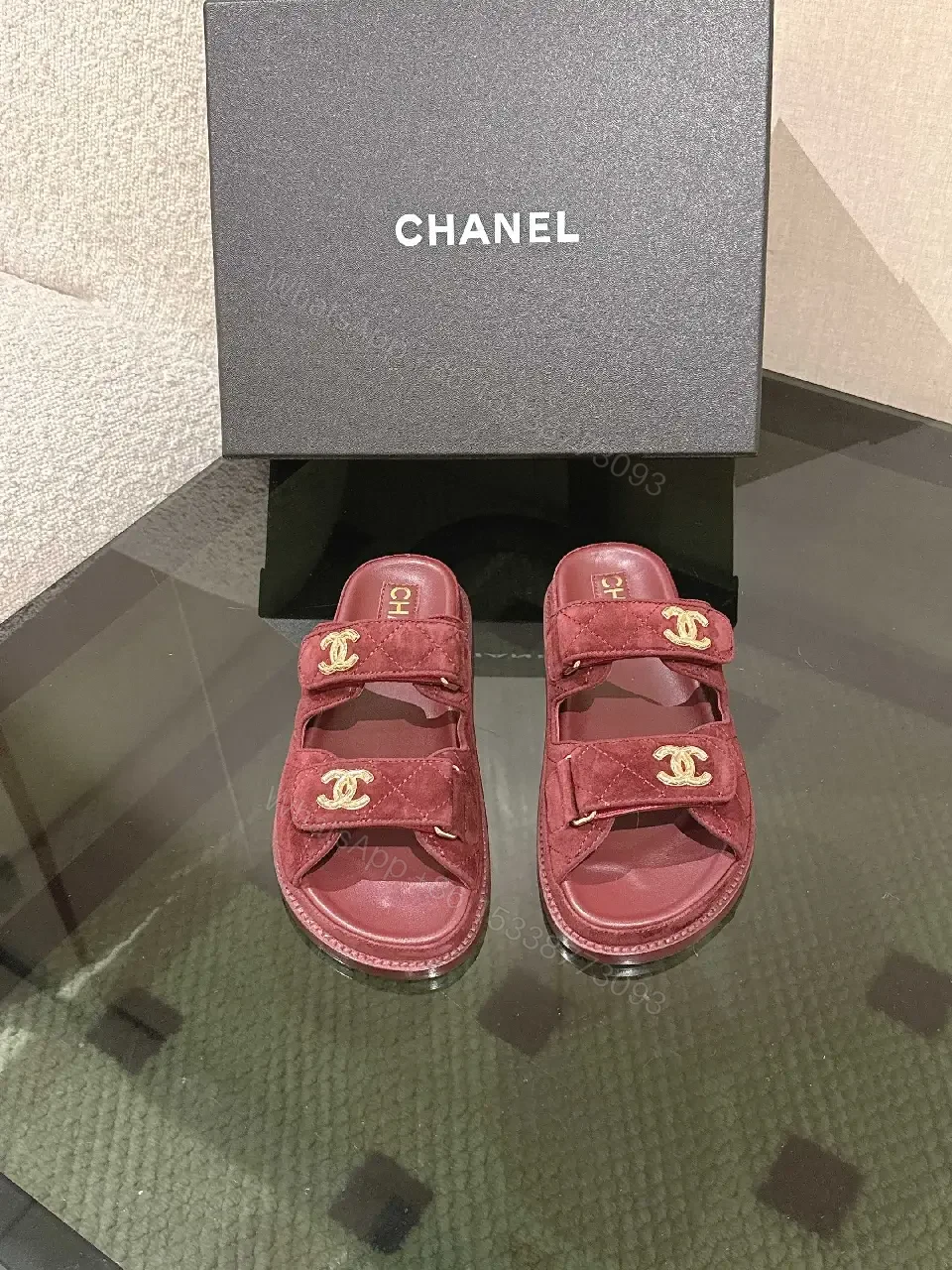 View 4 of Velvet Burgundy Slide Sandals – Luxe Comfort, Gold Hardware