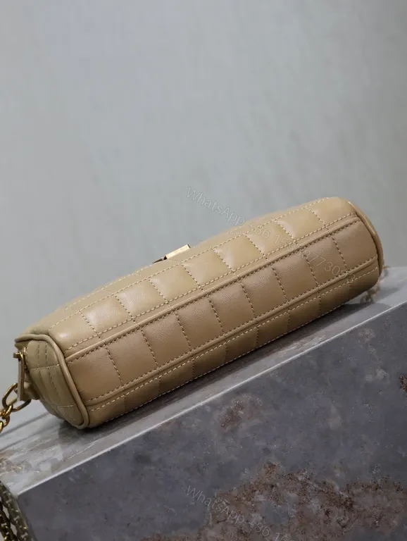 View 2 of Taupe Quilted Crossbody Bag with Gold YSL-Inspired Logo