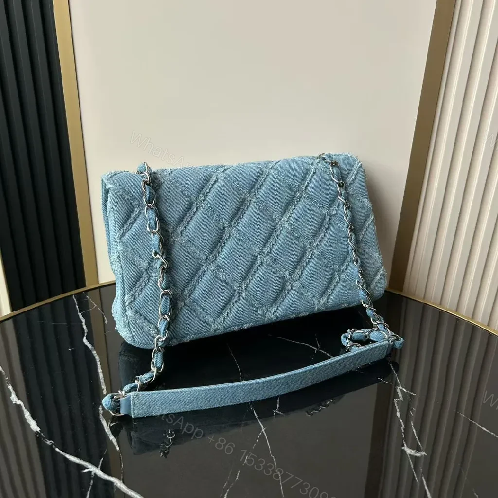 View 3 of Light-Blue Denim Flap Bag with Chain Strap, Quilted, Everyday Luxe