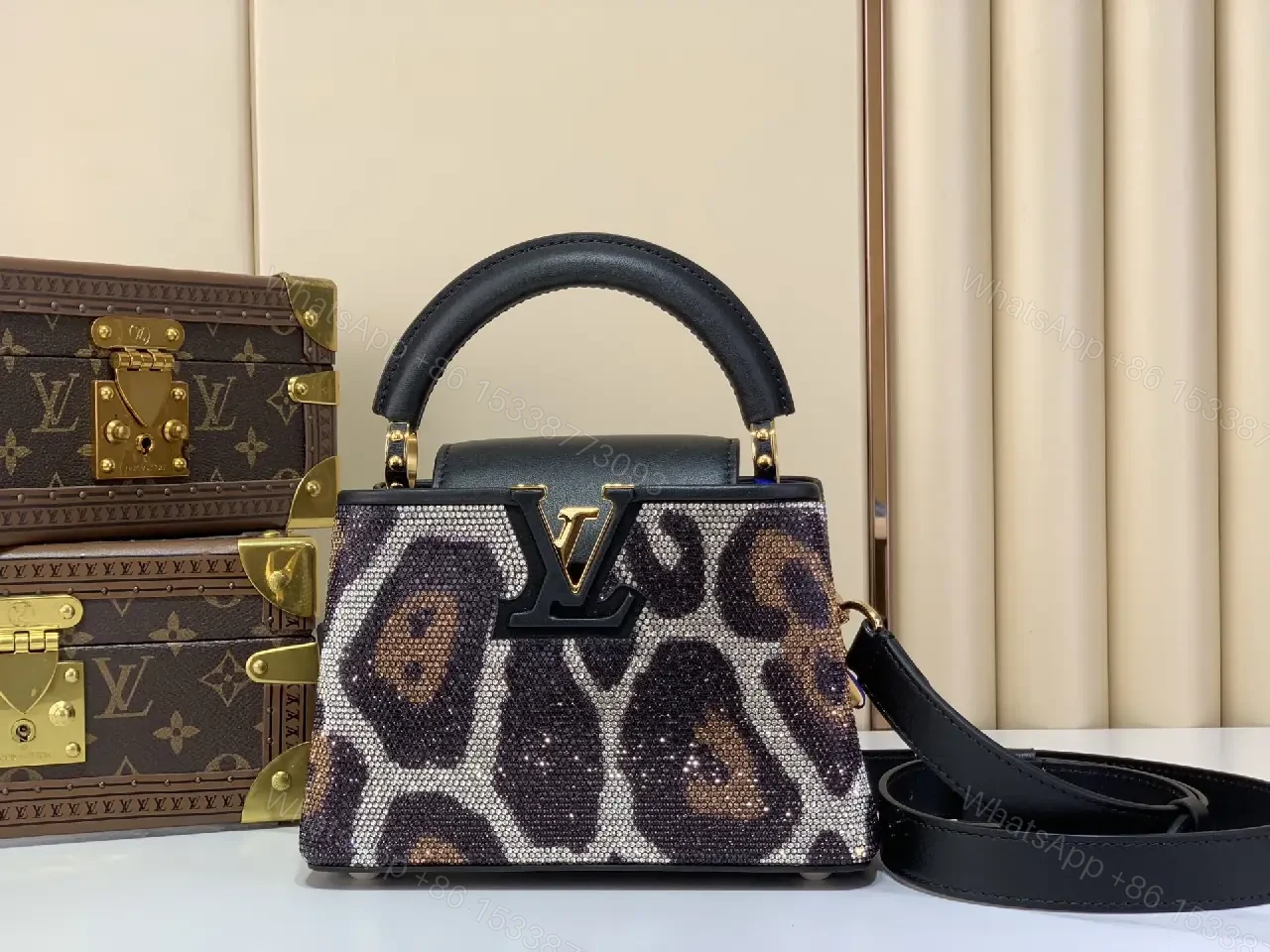 View 8 of Leopard Glitter Sequined Top-Handle Bag with LV Clasp