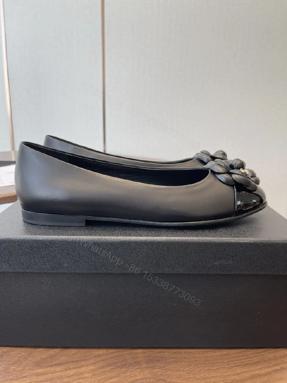 View 3 of Black Leather Ballet Flats + Signature Flower Ornament + Classic + All-Day Comfort + Flats