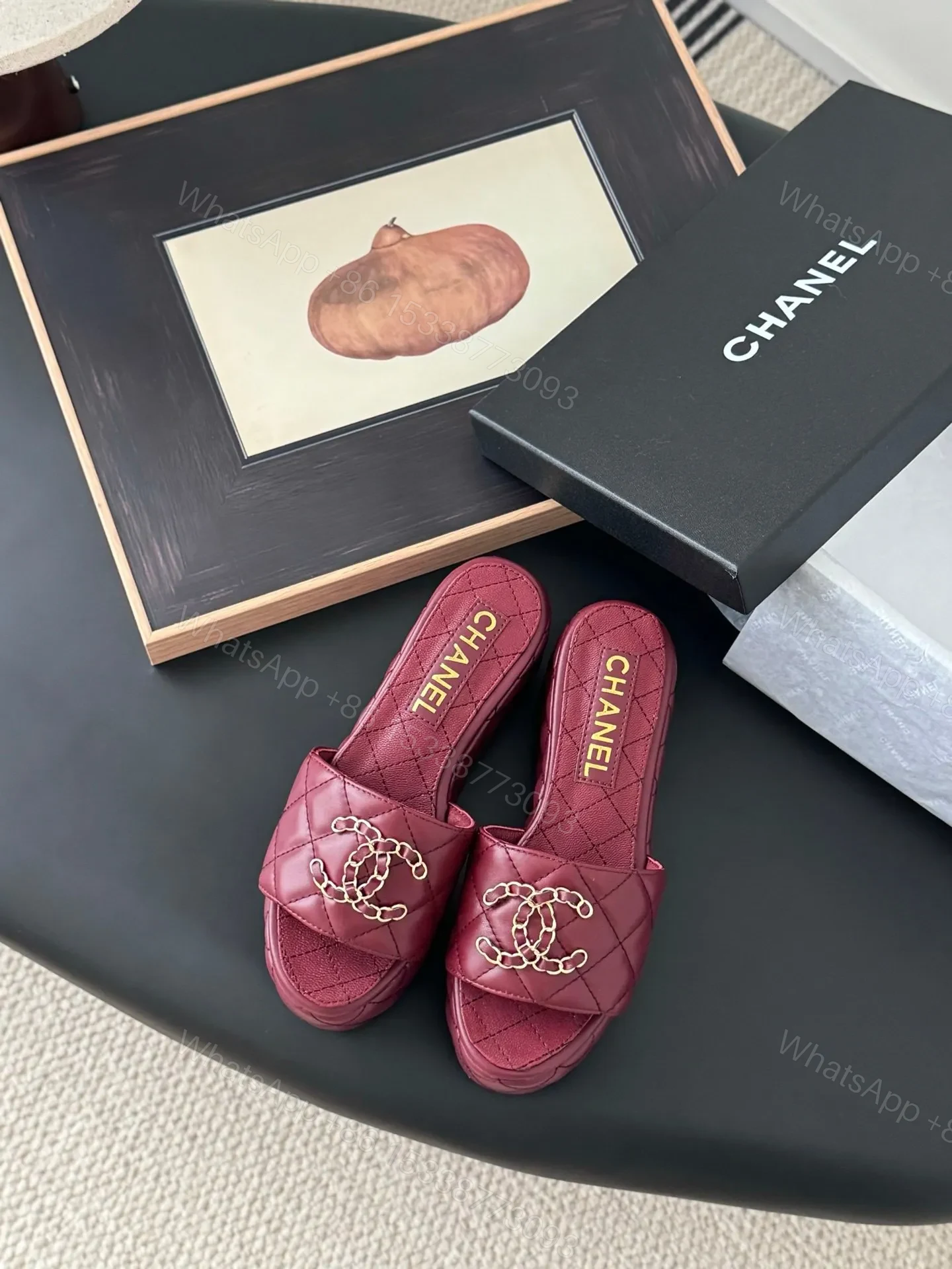 Chanel Women Burgundy Quilted Leather Slides — view 1
