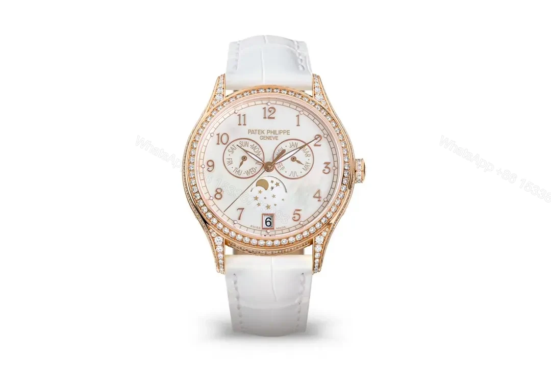 Patek Philippe Complications Collection Ladies’ Annual Calendar Moon Phase Watch in Rose Gold with Diamond Set Case White Mother of Pearl Dial and Italian Leather Strap — view 1