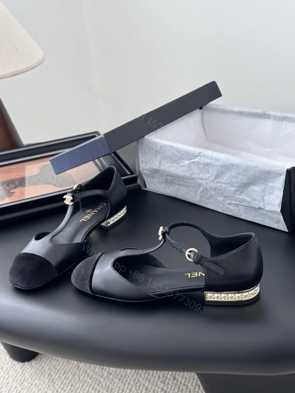 View 5 of Black Leather Slingback Heel with Pearl Trim