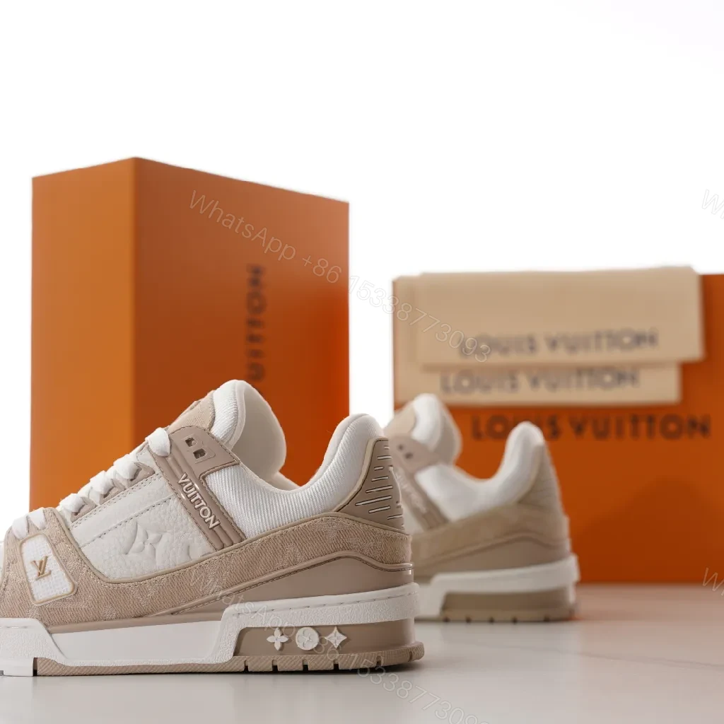 View 8 of Neutral-Tone Suede Leather Sneakers with Subtle LV-Inspired Detailing