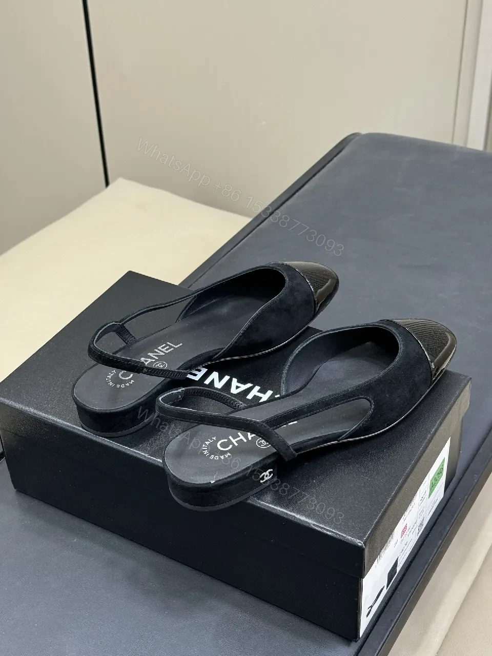 View 3 of Black Suede Slingback Heels with Patent Toe Cap, Luxe, Comfort-First