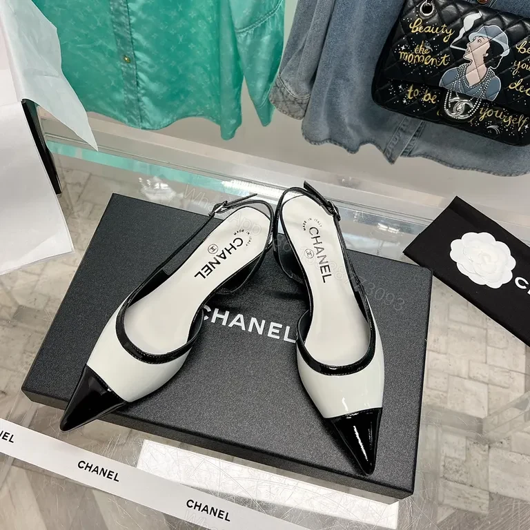 View 4 of Chanel-Inspired White & Black Slingback Heels â€“ Pointed Toe