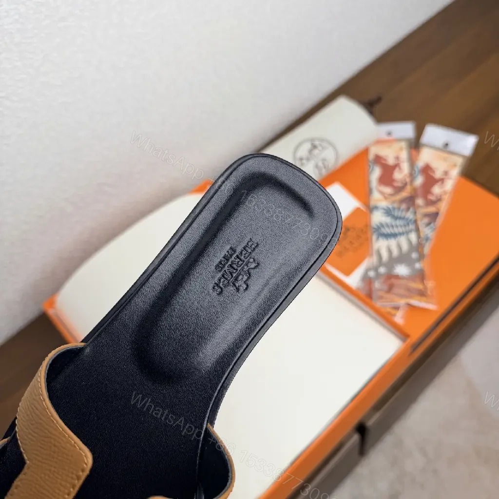 View 8 of Brown Leather Hermes-Style Sandals with Signature H Strap Slides