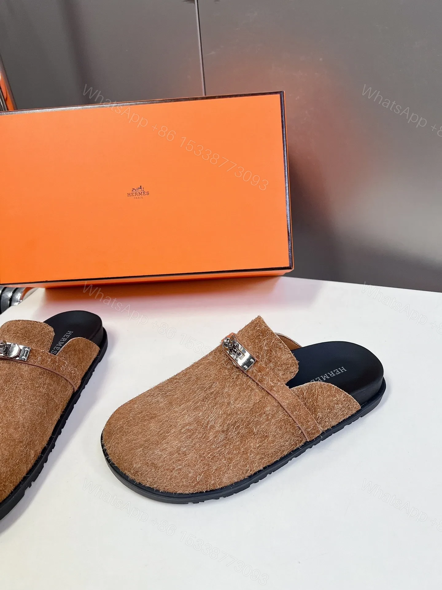 View 4 of Hermes Women Brown Haircalf Leather Slippers