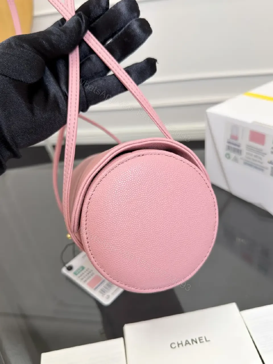 View 9 of Pink Textured Leather Shoulder Bag with Gold Logo Closure (Compact)