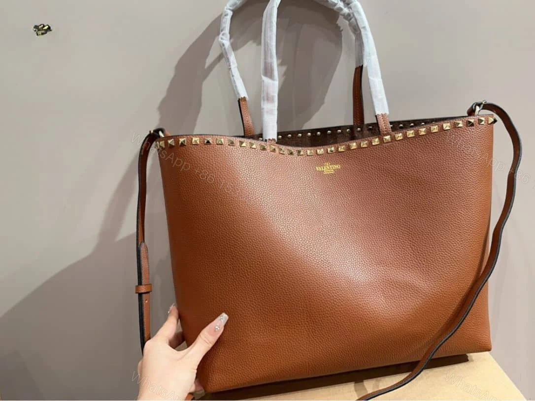 View 4 of VALENTINO GARAVANI ROCKSTUD GRAINY CALFSKIN TOTE BAG BROWN 35CM 1W2B0B70VSF HG5