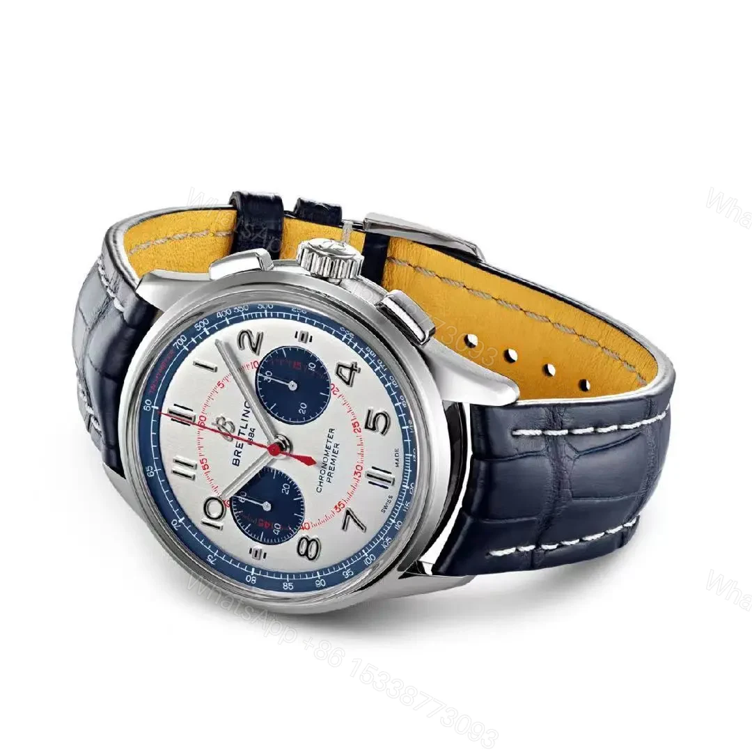 View 2 of OM Factory Breitling Premier B01 Chronograph Watch – Blue and White Dial, Leather Strap, 42mm Stainless Steel Case