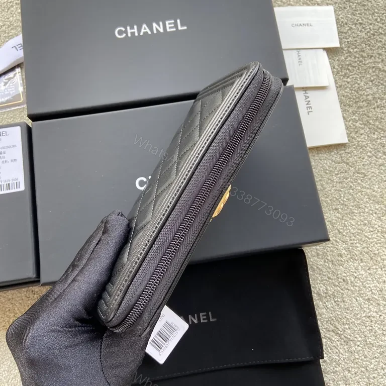 View 2 of Black Quilted Leather Wallet with Gold Chanel Hardware, Slim & Elegant