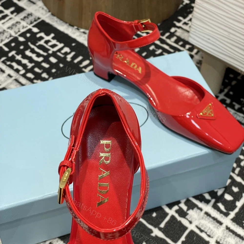 View 5 of 高仿Prada*1l325N方頭粗跟涼鞋3.5CM紅色免檢版