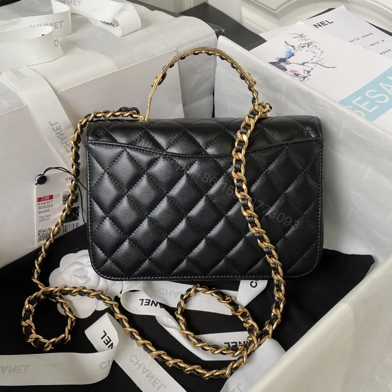 View 5 of Black Quilted Flap Bag with Gold Chain â€” Effortless Designer-Sophistication