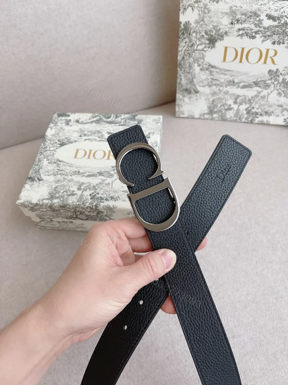 View 7 of Black Leather Belt, Double-Hardware Buckle, Slim Style Belt