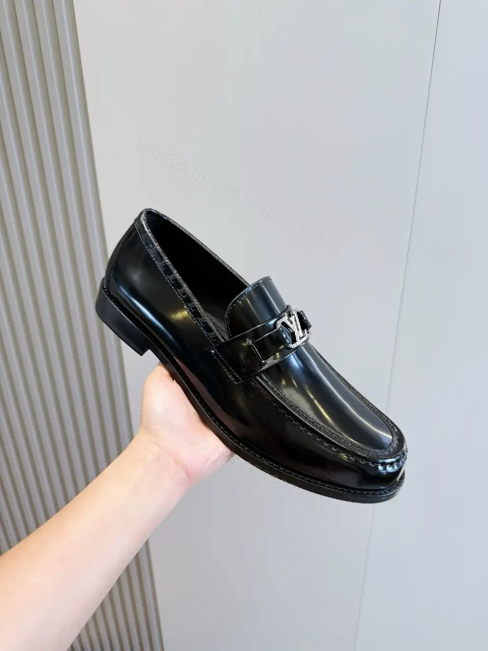 View 3 of Black Patent Leather Loafer Elegant buckle Louis Vuitton Style Shoes