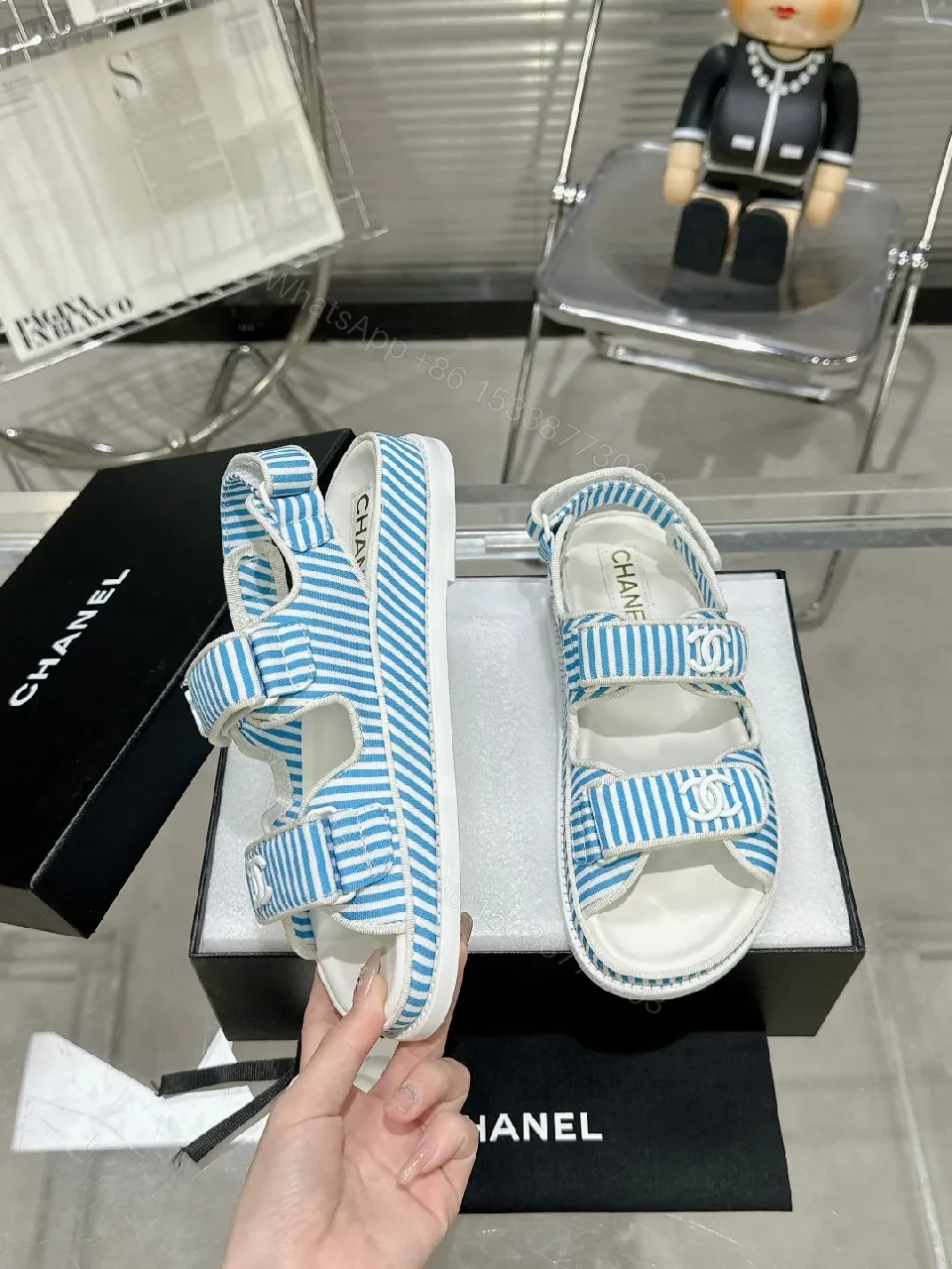 View 3 of Blue Striped Velcro Sandals - Luxe Casual Footwear