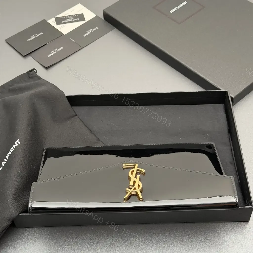 View 9 of Glossy Patent Envelope Clutch: Luxe Gold Logo Wallet