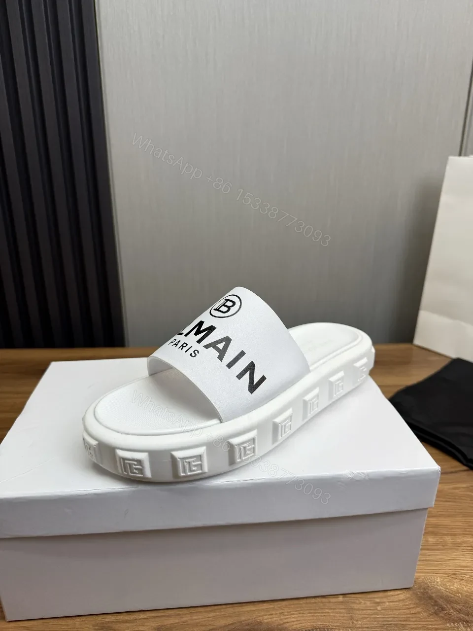 View 2 of White Slip-On with Bold Logo Band, Minimalist Comfort Slide